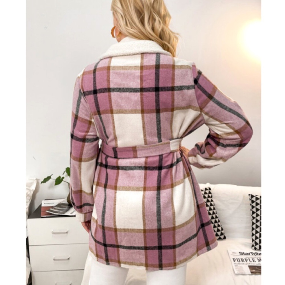 π BLUSH MULTI PLAID COLLAR LONG SLEEVE BELTED JACKET! - Picture 2 of 12